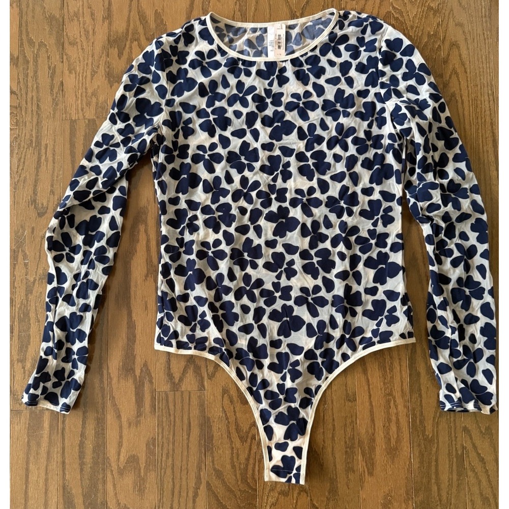 Victoria Secret Navy & Beige Floral Velvet Thong Style Bodysuit Top Sz Large NWT